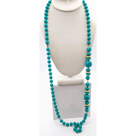 Unique Vintage Teal Beads Necklace with Offset Focal of Blue and Silver, Long - Picture 1 of 2